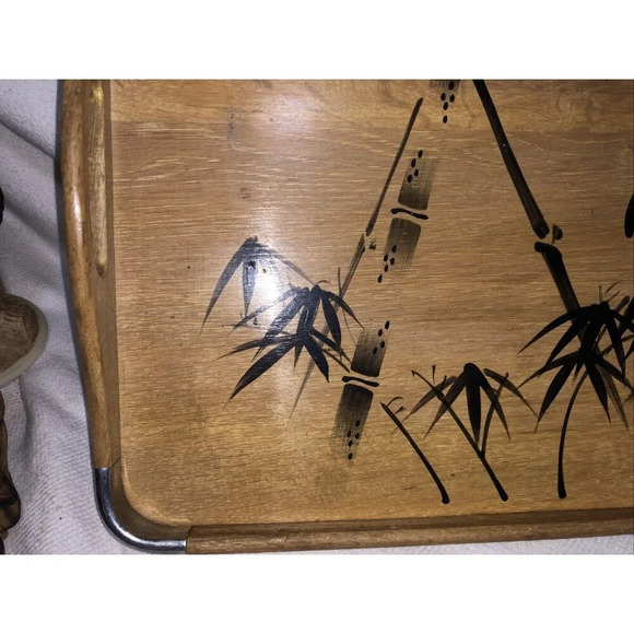 Vintage Japanese Bamboo Serving Tray Hand Painted Birds Mid Century Oriental - Picture 5 of 7